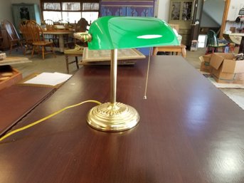 Vintage Brass Banker's Desk Lamp With Green Glass Shade