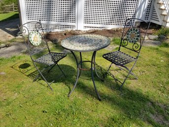 Wrought Iron Bistro Mosaic Tile Top Table With Wrought Iron Folding Chairs