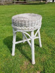 Vintage White Painted Wicker Side Table Stool Seat