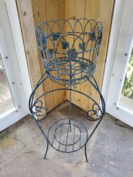 Vintage Blue Painted Two Piece Plant Stand Scrolled Metal