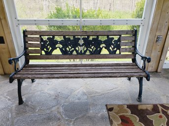 Vintage Heavy Wood & Dark Blue Painted Wrought Iron Floral Design Park Garden Bench
