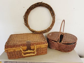 Grouping Of Vine Wreath & Wicker Picnic Baskets