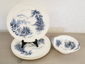 Vintage Johnson Bros Castle On The Lake Blue Transferware Dinnerware