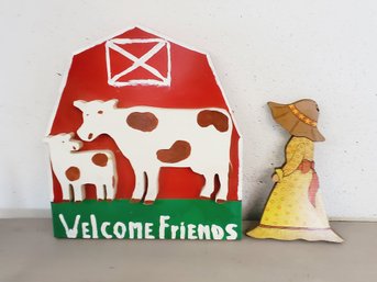 Two Handmade Handpainted Wood Decorative Signs - Little Girl In Hat & 3D Cows & Barn