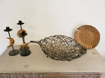 Home Decor - Sun Moon Stars Metal Candle Holders, Vintage Wall Mount Candle Holder & Leaf Basket