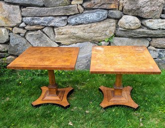 Late 20th Century Campaigne Style Burl Walnut Pedestal Side End Tables