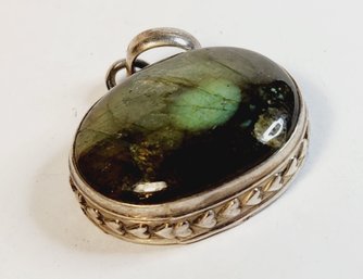 Vintage Sterling Silver  Large Labradorite Iridescent Green Stone Pendant