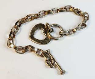 Unique Sterling Silver Thick Chain Link Bracelet With Heart And Toggle Clasp