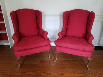 Pair Of Red Damask Upholstered Wingback Chairs