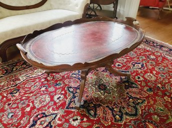 Vintage Leather Topped Oval Carved Wood Tray Look Cocktail Coffee Table