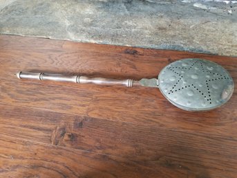 Antique Long Wood Handled Pierced Brass & Copper Bed Warmer