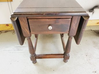 Vintage Ethan Allen Dark Wood Drop Leaf Side Accent Table With Drawer