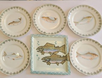 Beautiful Set Of 6 Vintage Trout Printed Plates