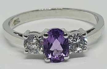 Sterling Silver Size 10 Beautiful Amethyst And CZ Ring ~ 2.94 Grams