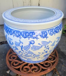 Vintage Blue & White Decorative Chinese Porcelain Planter With Greek Key Pattern