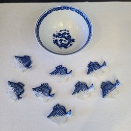 9-piece Imported Cobalt And White Chinese Porcelain Ware Dragon & Fish Set