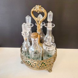 Victorian French Brass Punchcut Footed Cruet Set With Gorgeous Glass Decanters