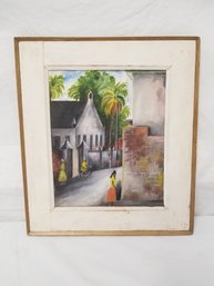 Vintage Wood Framed Old Time Barbados Beach Street Village Painting - Artist Noel Hinds