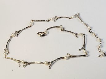 Vintage Sterling Silver 925 Pearl  Unique Stick Link Chain Necklace