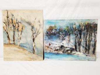 Pair Of River & Forest Water Color Canvas Paintings - Artist Unknown