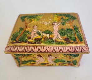 Capidemonte Porcelain Covered Trinket Box With Neoclassical Cherub Motif