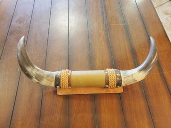 Vintage Bull Steer Mounted Horns On Wood - Ropie & Leather Wrapped