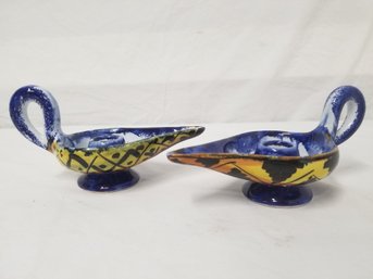 Pair Of Hand Painted Italian Pottery Aladdin Style Candlestick Holders - Signed