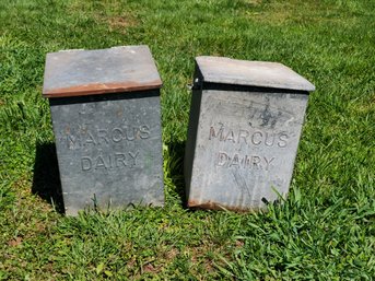 Two Vintage Marcus Dairy Galvanized Flip Lid Small Milk Home Delivery Boxes