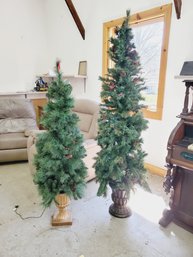 Two Pre Lit Evergreen Christmas Trees In Decorative Urn Pots