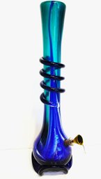 Vintage Original Kao's Heavy Blue & Green Swirled Glass Footed Bong