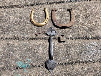 Antique Assortment Of Horseshoes, Yale Padlock, Skeleton Key & Hand Hammered Door Latch Hardware