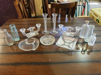 Vintage & Antique Clear Glass & Crystal- Candleholders, Dishes & Bottles Including Listerine