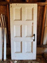 Antique Wood Six Panel Door With Original Black Wrought Iron Hardware & Hinges