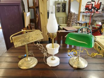 Three Table Desk Lamps - Bankers Lamps & Hobnail Milkglass Hurricane Lamp