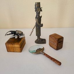 Vintage Collectibles - Fancy Magnifying Glass, Butler Corkscrew, 2 Wooden Boxes, Glass Rhinoceros Beetle