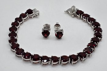 Stunning Red Garnet Heart Tennis Bracelet & Matching Stud Earrings In Platinum Over Sterling
