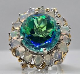 Peacock Quartz & Ethiopian Welo Opal Halo Ring In Yellow Gold & Platinum Over Sterling