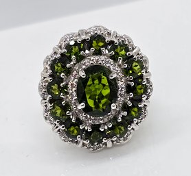 Beautiful Chrome Diopside, White Zircon Floral Ring In Platinum Over Sterling