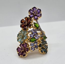 Multi-Gemstone Floral Ring In Yellow Gold Over Sterling