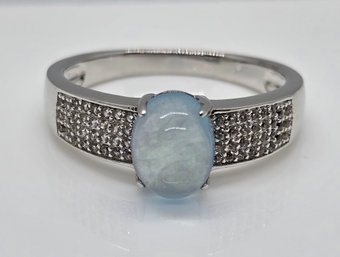 Dreamy Blue Aquamarine, White Zircon, Rhodium Over Sterling Ring