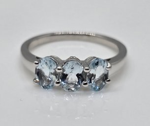 Blue Aquamarine, White Diamond, Rhodium Over Sterling 3 Stone Ring