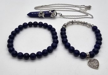 Lapis Lazuli Pendant Necklace & 2 Beaded Stretch Bracelets In Silvertone With Stainless Necklace