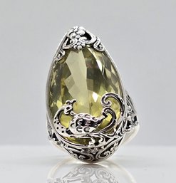 Bali, Green Gold Quartz Peacock Ring In Sterling