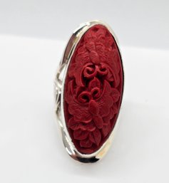 Sajen Silver, Simulated Cinnabar Carved Butterfly Ring In Sterling