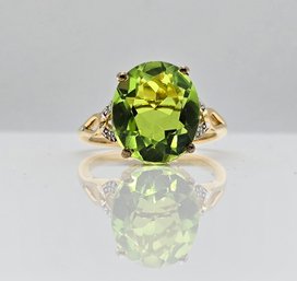 Chartreuse Quartz, White Zircon Ring In Yellow Gold Over Sterling