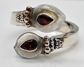 Sajen Silver, Mother Of Pearl, Carved Flower Red Garnet Bypass Ring In Sterling