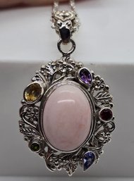 Bali, Peruvian Pink Opal, Multi-Gemstone Pendant Necklace In Sterling