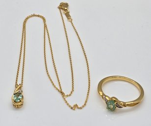 Ethiopian Emerald, White Zircon Ring & Pendant Necklace In Yellow Gold Over Sterling