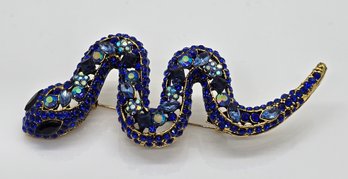 Blue Magic Austrian Crystal, Glass Snake Brooch In Gold Tone