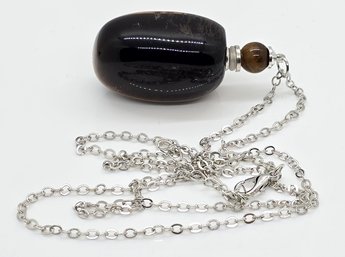 Tigers Eye Perfume Bottle Pendant Necklace In Silvertone